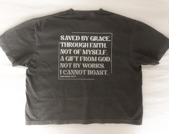 Saved By Grace Boxy Tee- Charcoal- Ephesians 2:8-9