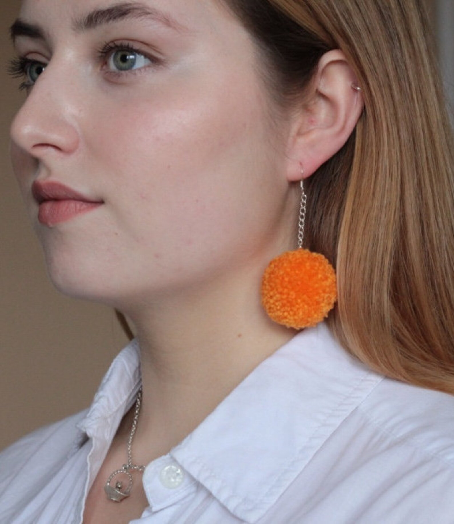 Pom Pom Earrings orange Etsy
