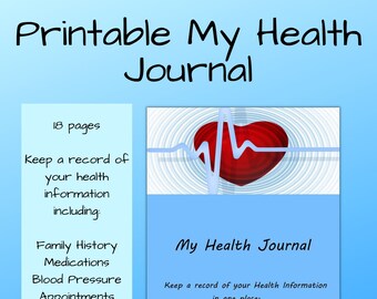 My Health Journal, Printable Health Information Planner, Medical Appointments Tracker, Instant Download PDF