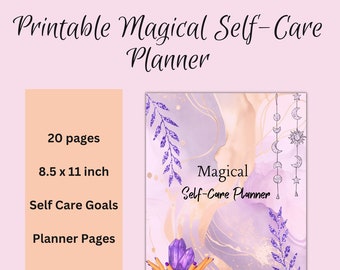 May include: Printable Magical Self-Care Planner with 20 pages, 8.5 x 11 inches, featuring a purple and gold watercolour design with crystals, leaves, and celestial symbols.  The text "Magical Self-Care Planner" is included.