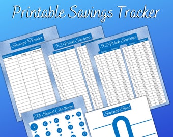 May include: Printable savings tracker with a blue and white design. Includes a 52-week savings chart, a no-spend challenge tracker, and a savings goal thermometer.