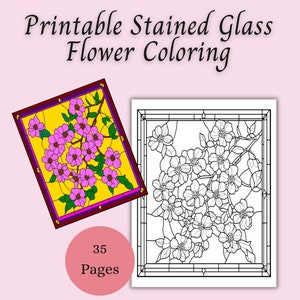 Printable Stained Glass Flowers Coloring Pages, Instant Download PDF