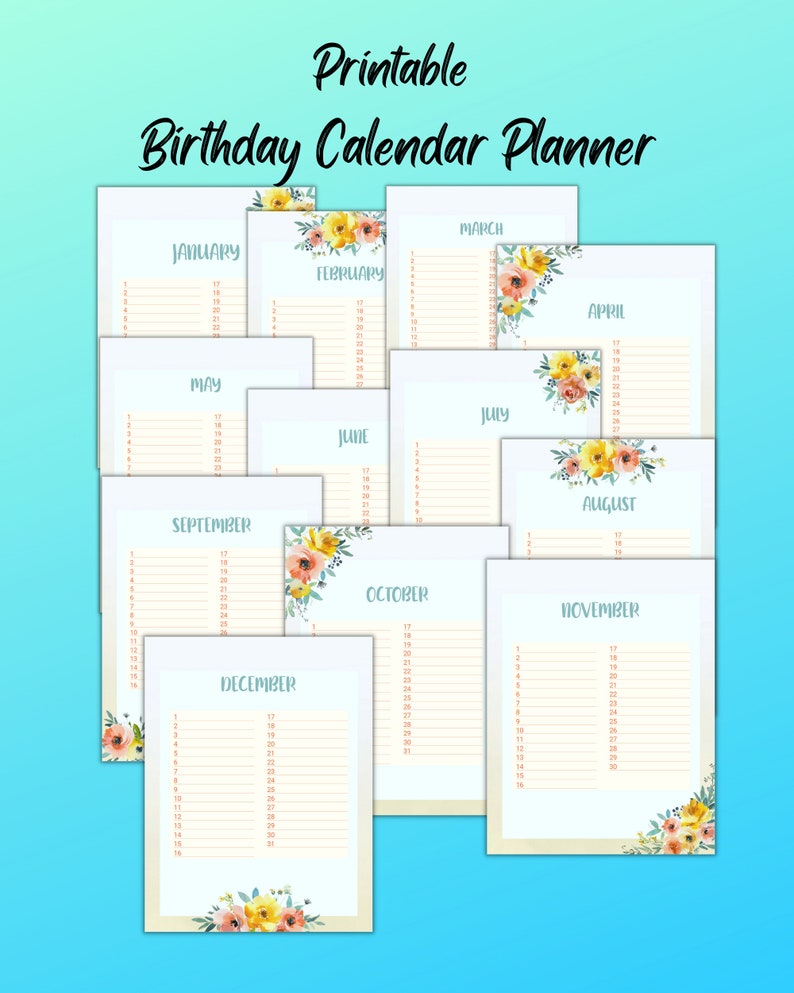 Printable Birthday Calendar Planner, Floral Design, Instant Download ...