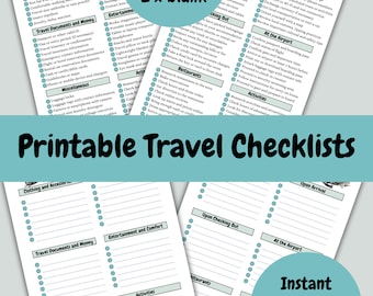 Printable Travel Checklist, Packing List, Prefilled and blank, Holiday Checklists, Instant Download PDF