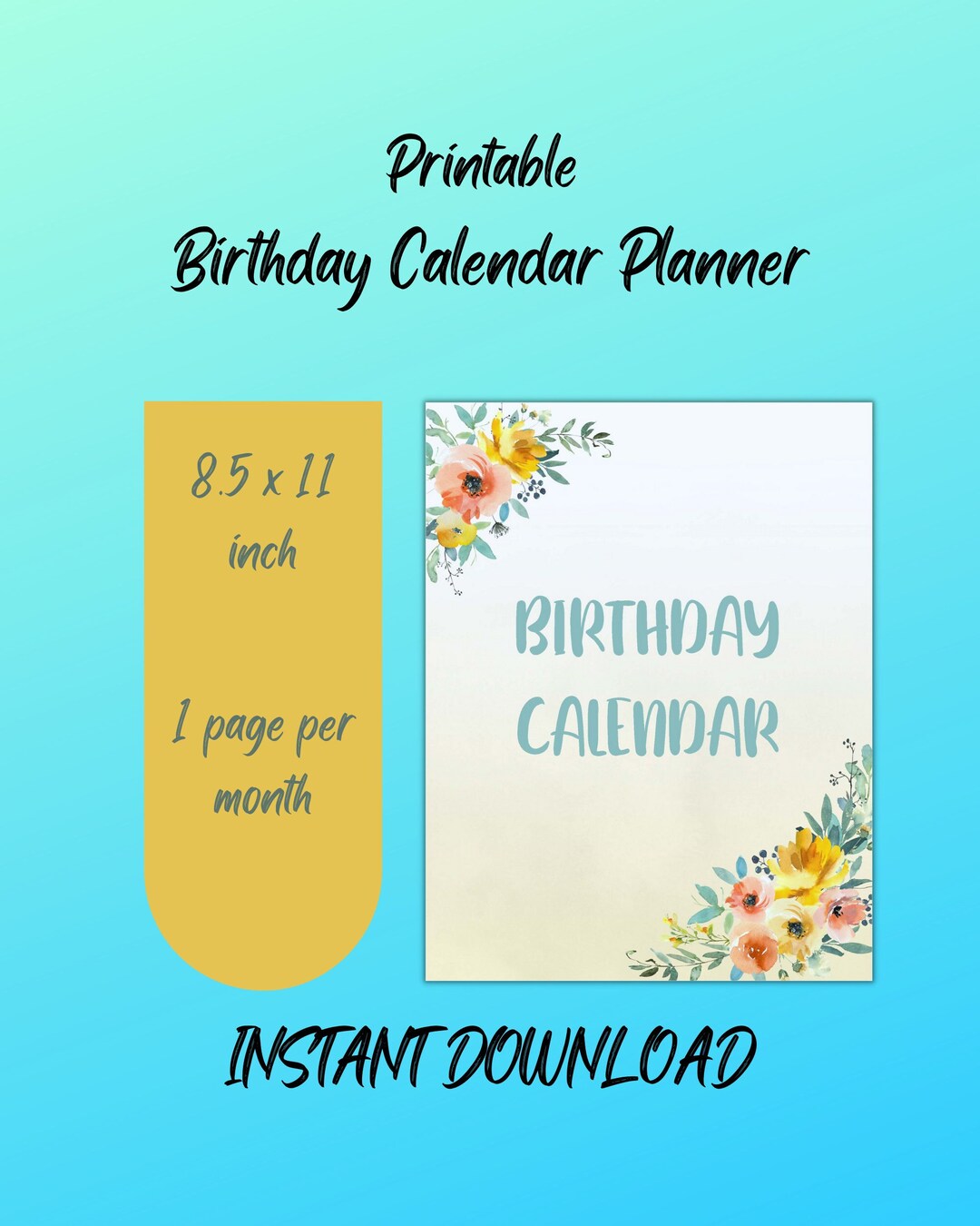Printable Birthday Calendar Planner, Floral Design, Instant Download ...