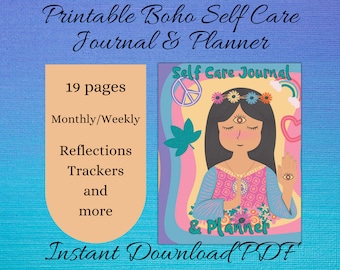 May include: A digital download graphic with the text "Printable Boho Self Care Journal & Planner." The cover art features a woman with a third eye, a floral crown, and a hand with an eye symbol. Includes 19 pages with monthly/weekly reflections, trackers, and more.