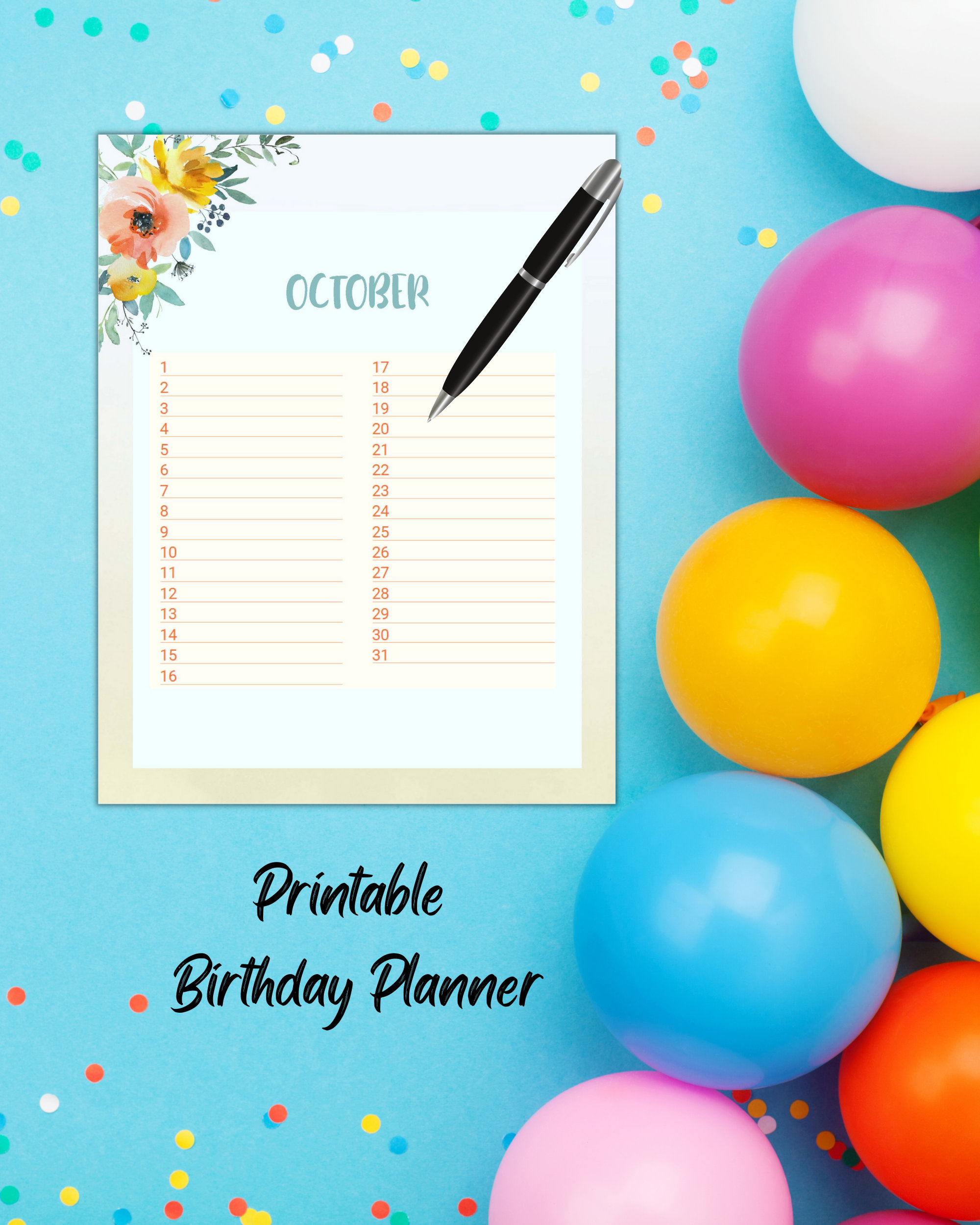Printable Birthday Calendar Planner, Floral Design, Instant Download ...