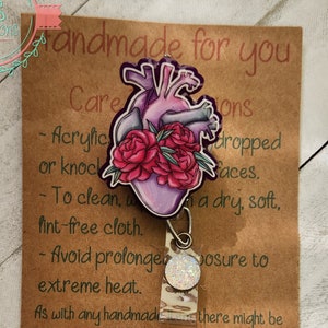 Anatomical Heart with Flowers Retractable Alligator Clip Badge Reel, ID Badge Holder, Cute Badge Reel, Gift, Medical