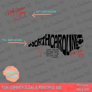May include: A black and white graphic design of the state of North Carolina with the words "North Carolina" written in a bold, stylized font. The state outline is filled in with black, and the words are layered on top. The text "When you go through deep waters, I will be with you.  Isaiah 43:2" is written in a smaller font below the state outline. The text "North Carolina Strong" is written in a smaller font in the bottom right corner of the design.