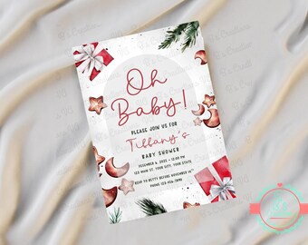 May include: A baby shower invitation with the text "Oh Baby!" in red script. The invitation features watercolor illustrations of gifts, stars, and crescent moons. The invitation is for Tiffany's baby shower.