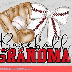 Op de afbeelding: Een aquarel-illustratie van een honkbalhandschoen, een honkbal en een witte strik met rode stiksels. De tekst "Baseball Grandma" is geschreven in zwart met een rode omtrek.
