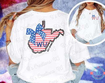 West Virginia State - Stripes & Star Coquette Bow, PNG, Digital Download, Pocket and Full Back Design, Memorial Day, 4th of July, Labor Day