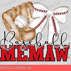Op de afbeelding: Een honkbalhandschoen met een witte strik en een honkbal. De tekst "Baseball Memaw" is in rode en zwarte letters.