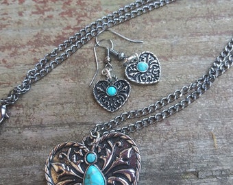 Western Heart Charm Necklace & Earring Combo