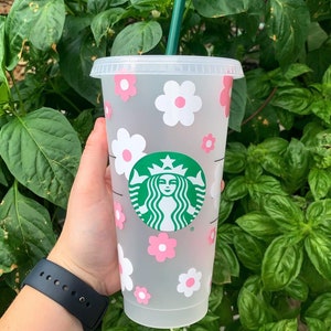 Custom Pink and White Retro Daisy Flower Hippie Love Venti  To Go Cold Cup with personalized name and colors shimmer holo holographic vinyl