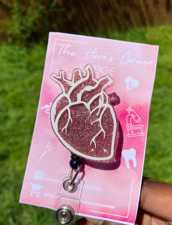 Pink Glitter Heart / Anatomical Heart/ Anatomy Badge Reel / Custom