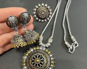 Designer Dual Tone Oxidized Jewellery Combo Set Long Gold