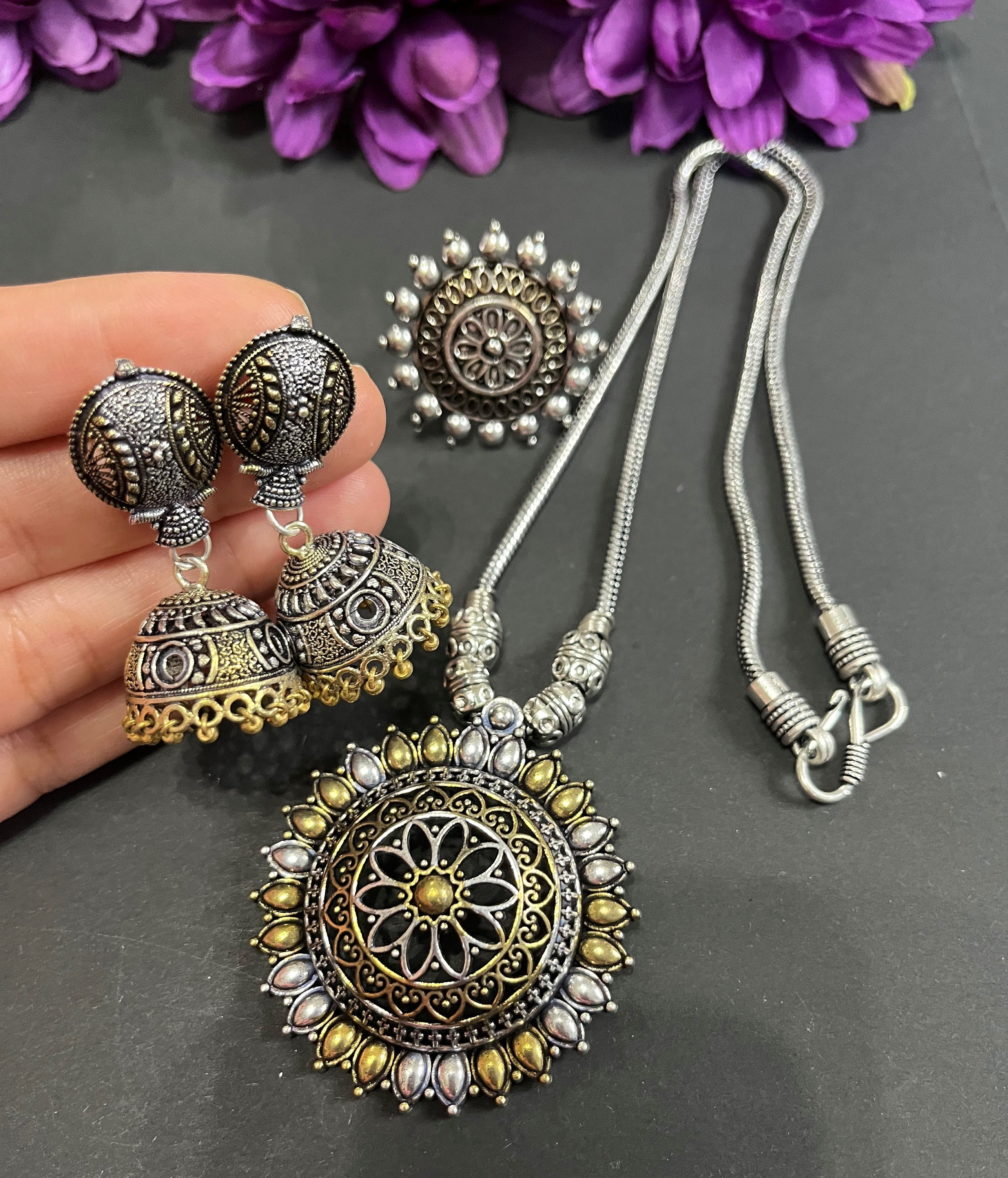 Designer Dual Tone Oxidized Jewellery Combo Set Long Gold
