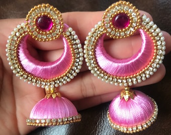 Designer Silk Thread Earrings Wedding Jewellery Lightweight Chandelier Light Pink Jhumka Afghani Boho Design Chandbali Earrings Jewelry