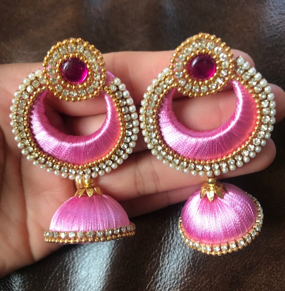 Baby Pink and Gray Beaded Silk Thread Jhumkas – Fashionous