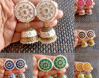 Designer Indian Pakistani Gold Kundan Meenakari Jhumkas Earrings lightweight Chandelier Earring Jewelry Collection for Eid Wedding
