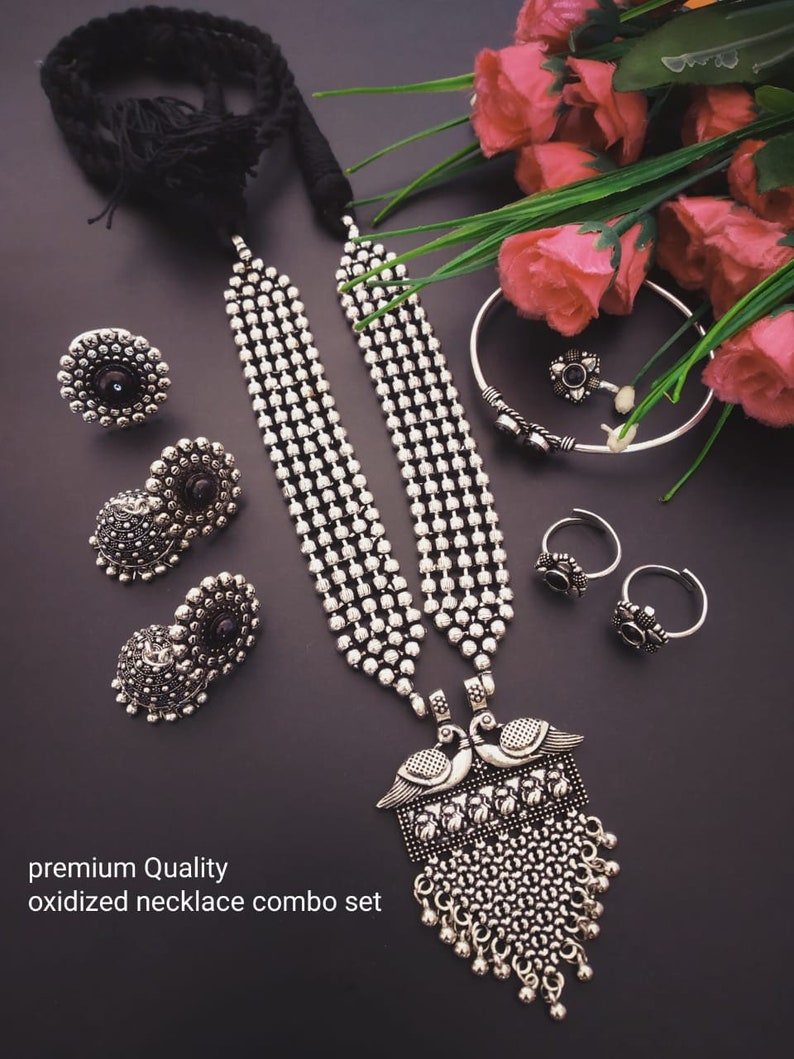 Designer German Silver Oxidized Jewellery Combo Long Necklace Set Jhumka Earrings Kada Bracelet Toe Rings Nose Pin Indian Pakistani Jewelry Design 1
