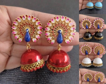 Designer Peacock Meenakari Gold Oxidized Jhumka Earrings Chandelier Jewelry Collection for Wedding