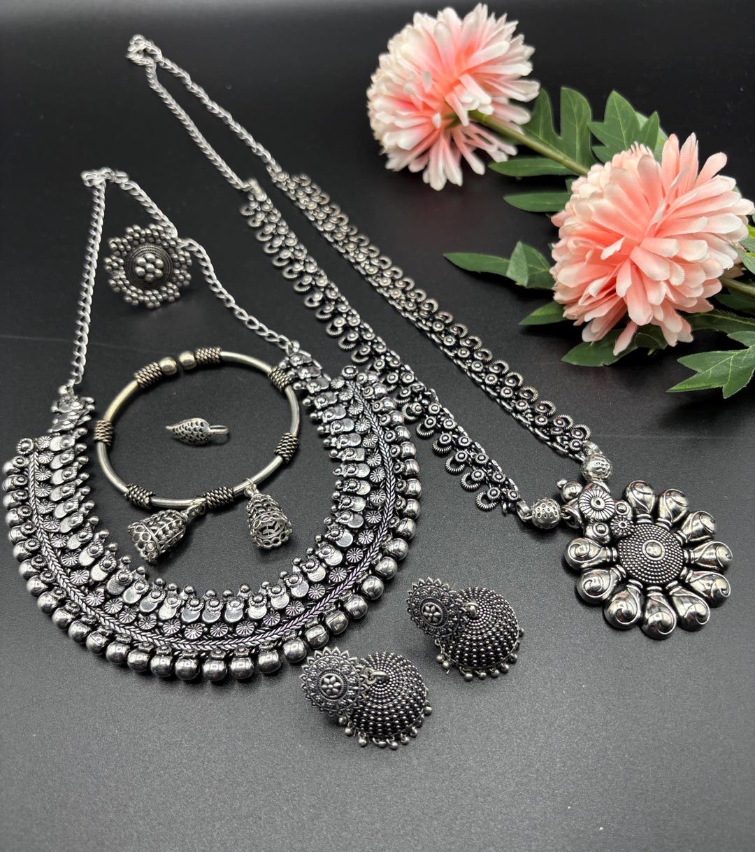 アクセサリー OX JEWELRY Silver Mask Code & Necklace Designer Silver Oxidized Jewellery X2 Long Necklace With