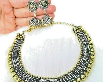 Designer Indian Pakistani Dual Tone Oxidized Choker Necklace Earrings Jhumka Jhumki Jewellery Designer Boho Jewelry Gold Silver  Necklace