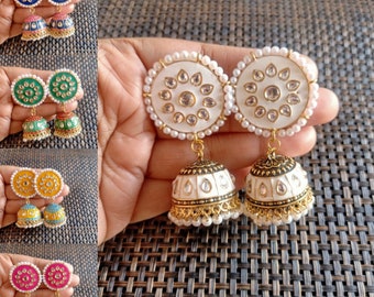 Gold Kundan Meenakari Jhumka Earrings: Indian Pakistani Jewelry