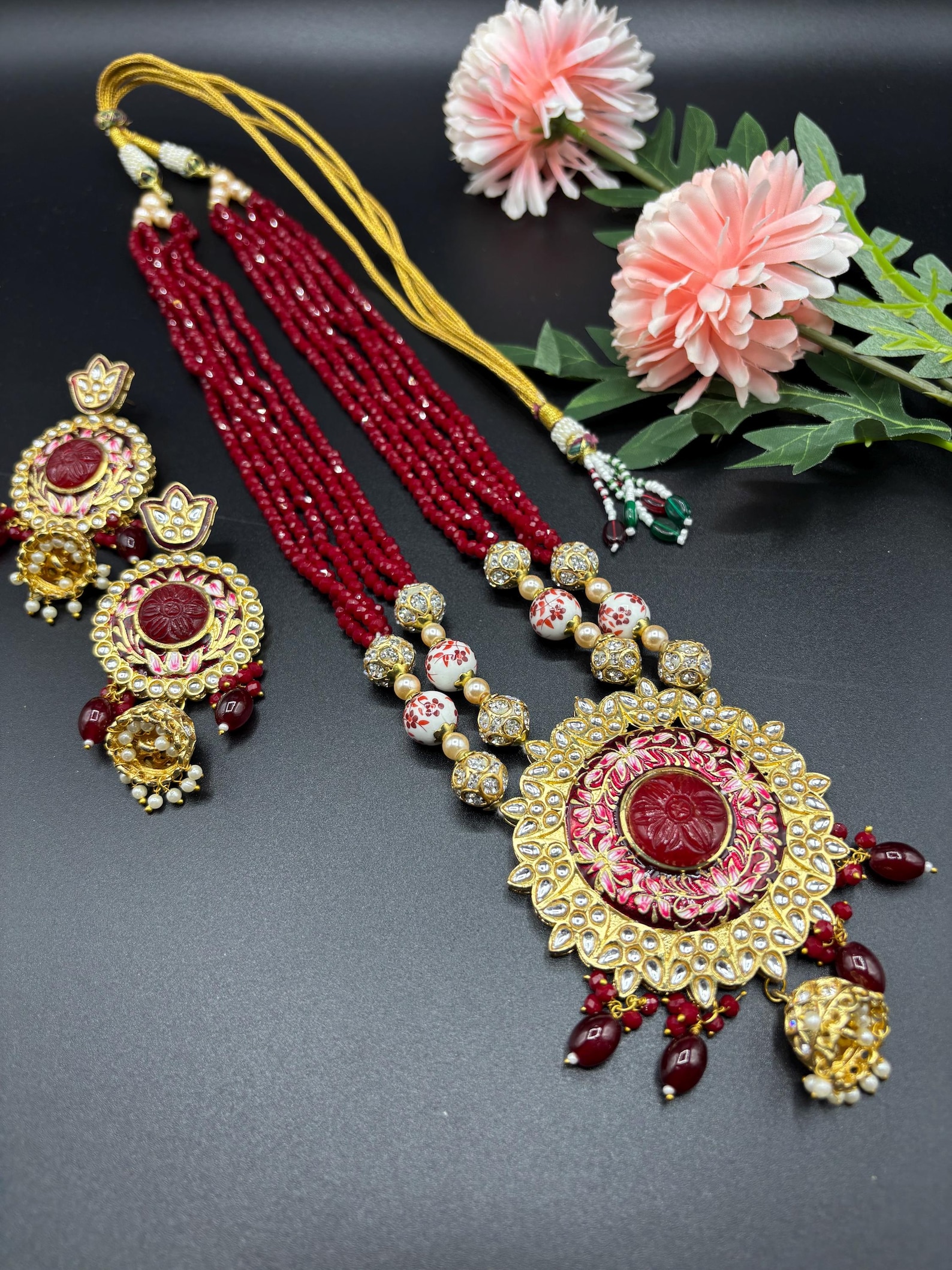 Rani Set Designer Bridal Long Rani Haar Necklace Set White Pearls Earrings Gold ...