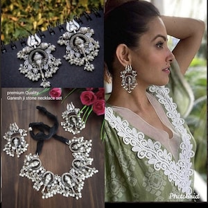Designer Silver Oxidized Kundan Choker Necklace Lord Ganesha Trishul with Jhumka Silver Celebrity Earrings Indian ethnic Jewellery