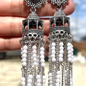 Designer Longo Brincos de Prata Jóias Leve Jhumka Afghani Indiano Paquistanês Brincos Jóias para Casamento