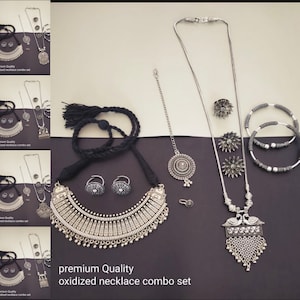 Oxidized German Silver Jewelry Set: Boho Necklace, Ring, Earrings