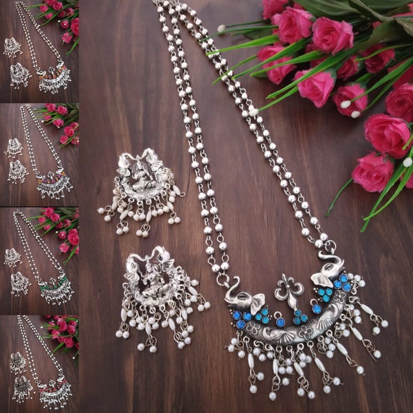 Designer Silver Oxidized Kundan Long Elephant Necklace with Lord Laksmi Jhumka Silver South Indian Long Necklace Chandelier Jewellery