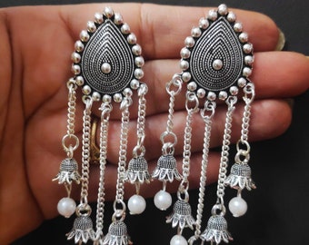 Designer Indian Pakistani German Silver Oxidized Long Chandelier Earrings Afghani Boho Jewellery Jhumka Jewelry Collection for Eid Navratri