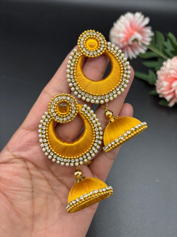 Handmade Silk Thread Jhumka Earrings Gold Chandelier Jewelry