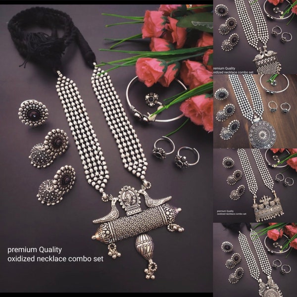 Designer German Silver Oxidized Jewellery Combo Long Necklace Set Jhumka Earrings Kada Bracelet) Toe Rings Nose Pin Indian Pakistani Jewelry