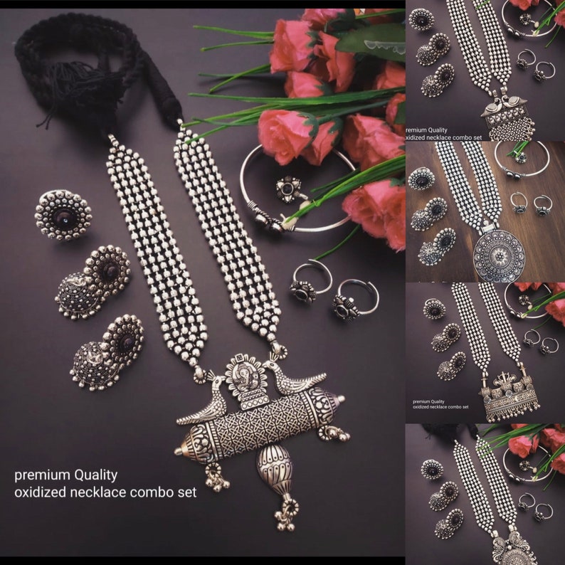 Designer German Silver Oxidized Jewellery Combo Long Necklace Set Jhumka Earrings Kada Bracelet Toe Rings Nose Pin Indian Pakistani Jewelry image 1