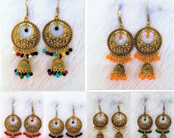 Designer Gold Plated  Oxidized Long Dangle & Drop Earrings Jhumka Small Pearls Chandelier Afghani Jhumka Boho Earrings for Wedding Jewelry