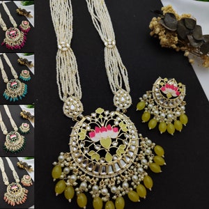 Designer Meenakari Braut Lange Rani Haar Halskette Set Ohrringe Gold Pendent Weiße Perlen Mala Nepali Mala Indian Pakistanische Brautschmuck