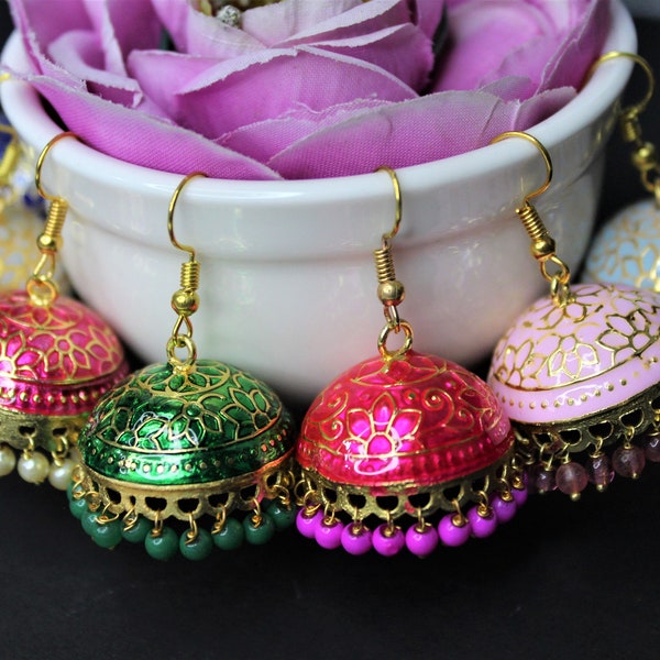 Boucles d'oreilles pendantes Meenakari en or de créateur, bijoux bohème style afghan, lustre Minakari Jhumka Jhumki pour fête ou mariage