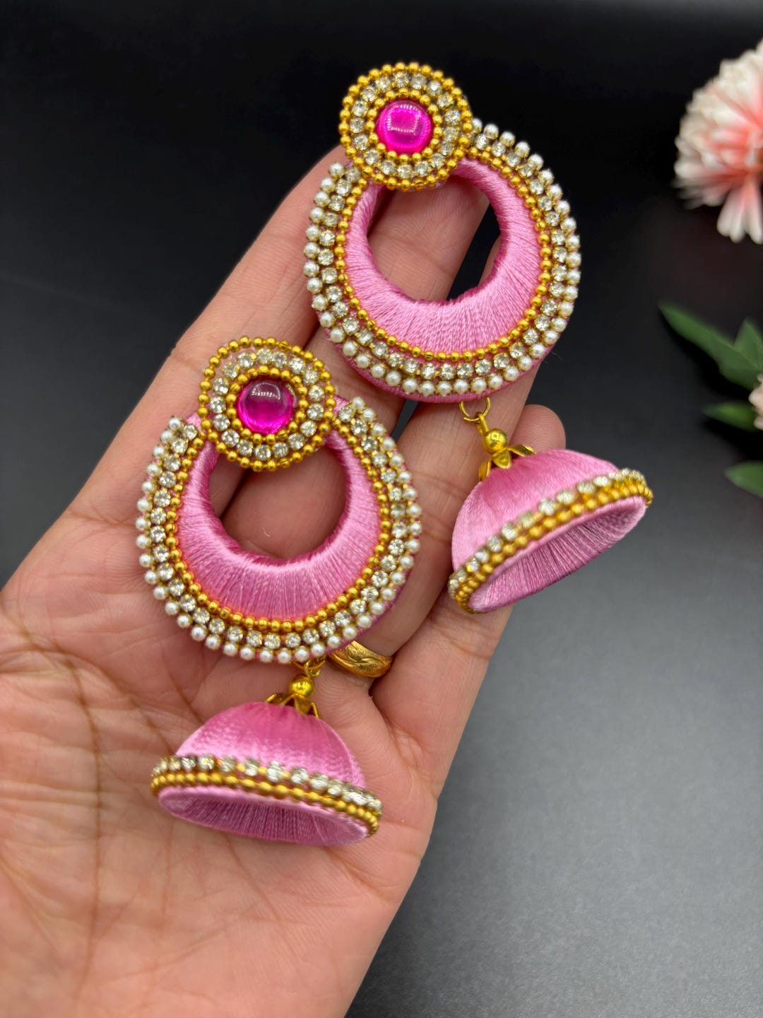 Silk Thread Jhumka Earrings: Light Pink Chandbali, Boho Wedding