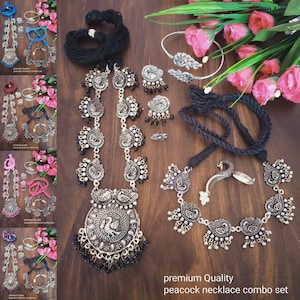 Designer German Silver Oxidized Jewellery Combo Long Peacock Necklace Choker Jhumka Earrings Kada Bracelet Nose Pin Indian Pakistani Jewelry