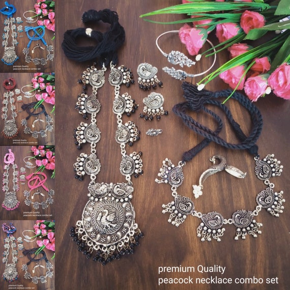 Designer German Silver Oxidized Jewellery Combo Long Peacock Necklace Choker Jhumka Earrings Kada Bracelet Nose Pin Indian Pakistani Jewelry Etsy