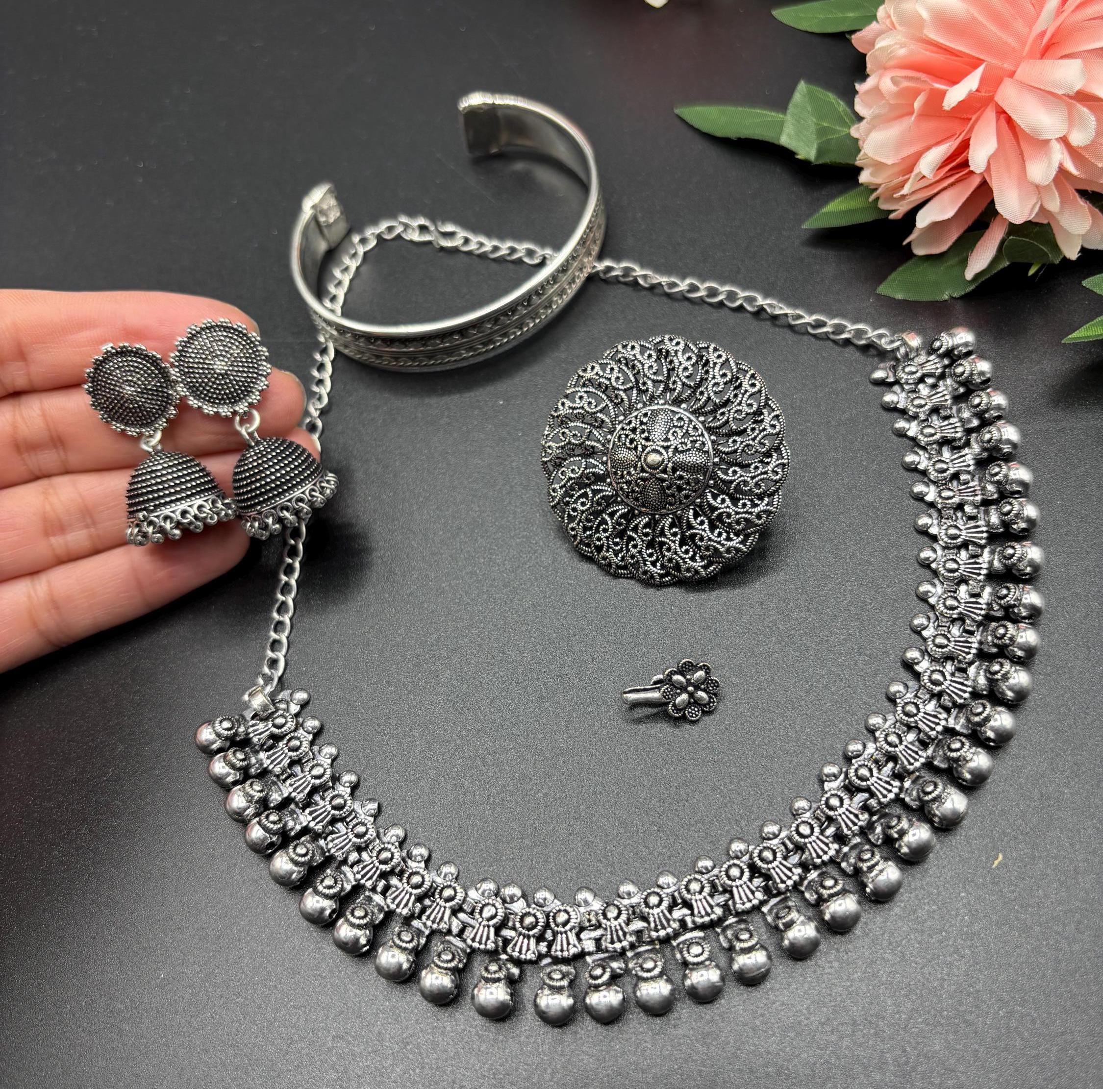 Designer Silver Oxidized Jewellery Long Necklace /choker Designer Silver Oxidized Jewellery Long Necklace /choker