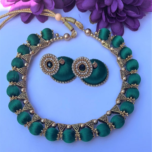 Designer Silk Thread Green Choker Necklace Bridal Choker Jewellery Gold Jhumka Afghani Boho Design Drop Earrings Jewelry Thread Necklace