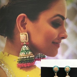 Designer indischen / pakistanischen Gold Meenakari Perlen große Kronleuchter Jhumka Ohrringe für Hochzeit Schmuck Boho Design Jhumka Schmuck