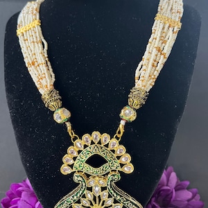 Designer Meenakari Braut Lange Rani Haar Halskette Set Weiße Perlen Ohrringe Gold Pendent Nepali Mala Indian Pakistani für Hochzeit Schmuck