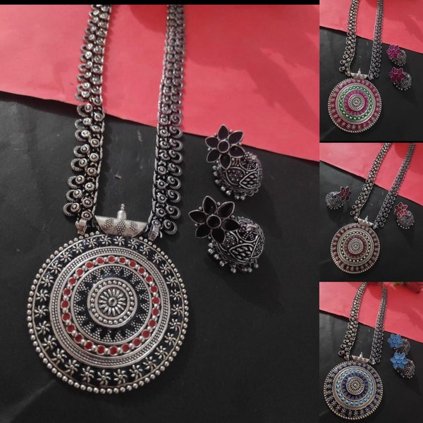 Designer German Silver Oxidized Jewellery Long Necklace with Jhumka Earrings  Indian / Pakistani Silver Long Necklace Jewelry